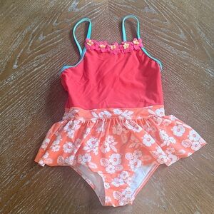Ruffle Butts Coral Pink & Turquoise Floral Ruffle One-Piece Swimsuit